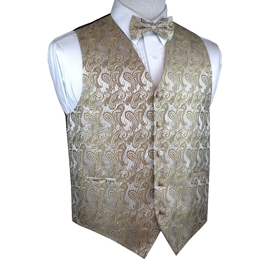 Men's Formal Wedding Prom Homecoming Tuxedo Vest Bow-Tie Hankie - Latte Paisley